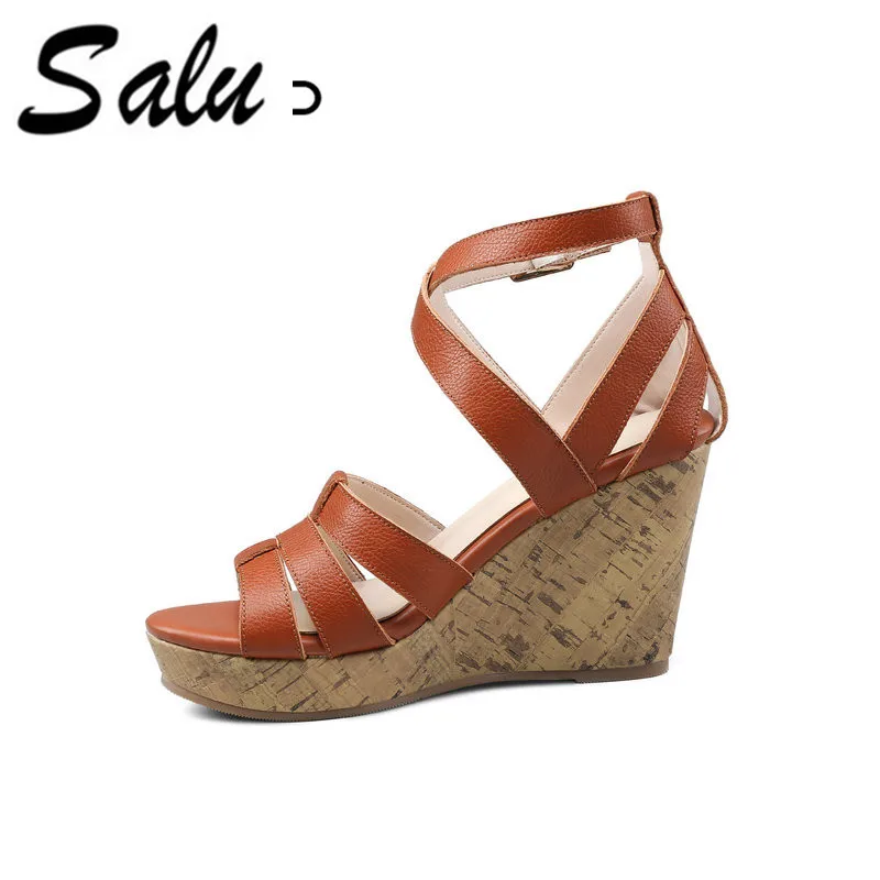 

Salu 2018 new Top quality wedge shoes high heels summer sandals women shoes party fashion Genuine leather platform shoes solid