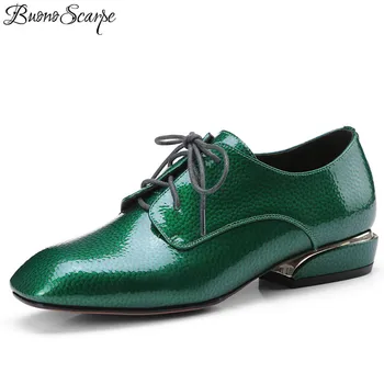 

BuonoScarpe Luxury Women Patent Genuine Leather Brogue Pumps Lace Up Loafer Shoes Black/Green Sexy Pumps Casual Heels Girl Shoes