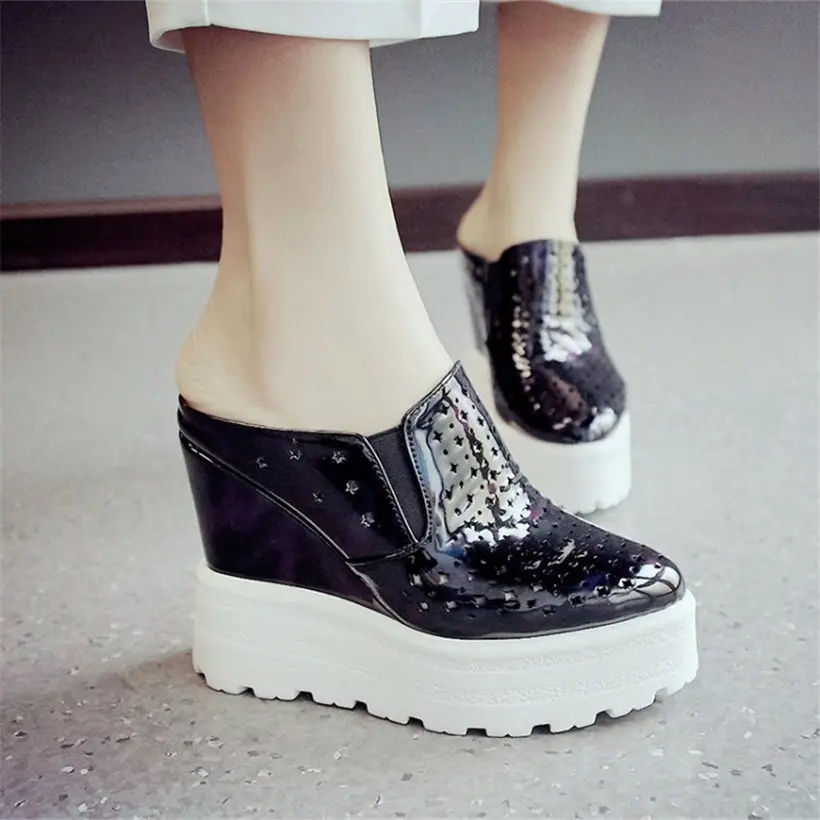 

2019 Punk Slippers Women Patent Leather High Heels Roman Gladiators Sandals Wedges Platform Summer Party Pumps Shoes Oxfords New