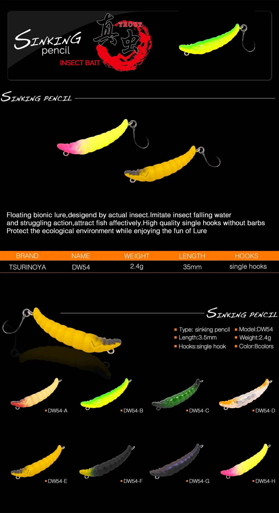 TSURINOYA DW54 35 мм 2,4g опускается на дно приманка для рыбалки карандаш насекомых приманка жесткая червь искусственная наживка; форель
