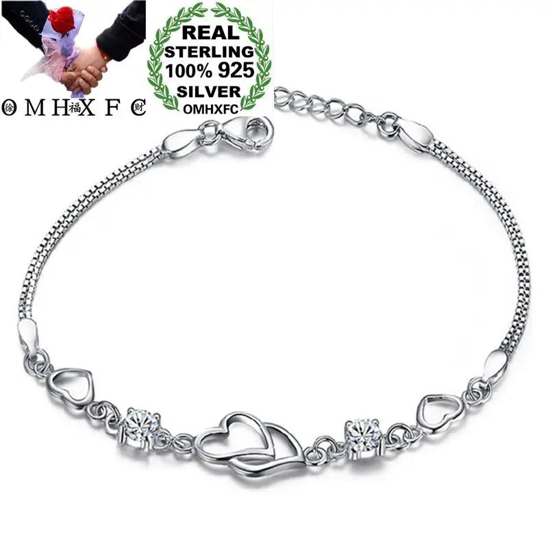 

OMHXFC Wholesale European Fashion Woman Girl Party Birthday Wedding Heart Round Zircon 100% S925 Sterling Silver Bracelet BC21