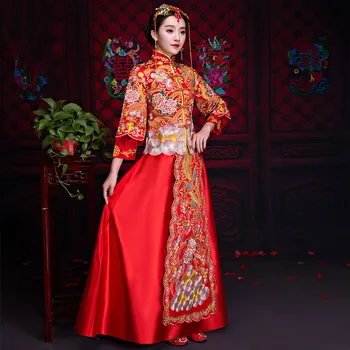 

New Red Wrist Sleeve Wedding Dress Satin Floral Phoenix Chinese Style Cheongsam Elegant Long Slim High Quality Toast Qipao