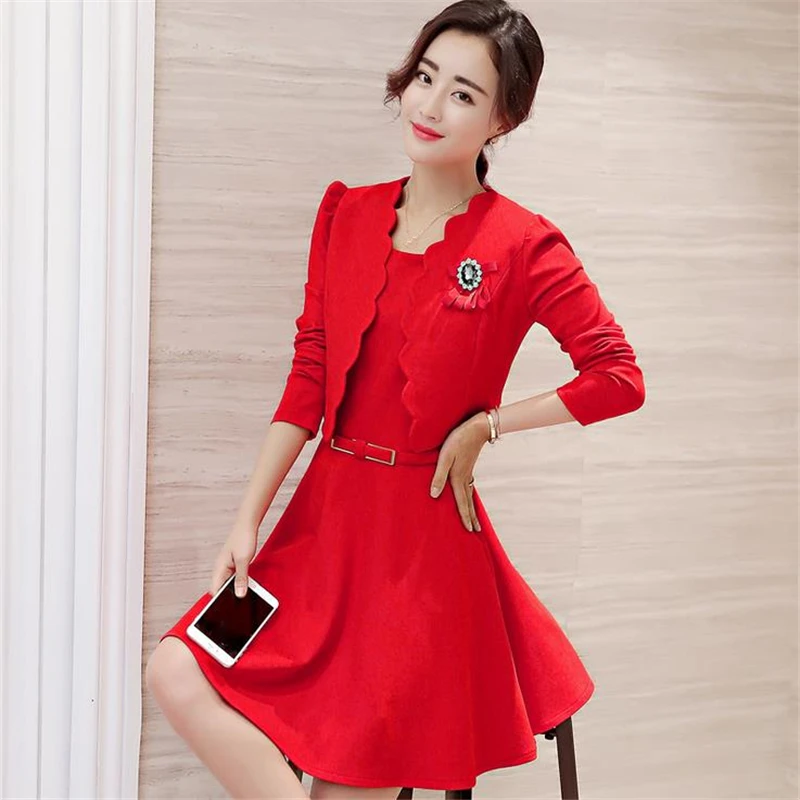 DoreenBow Hip Pack Sexy New Fashion Autumn Style Dress O Neck Sashes Red Black Office font