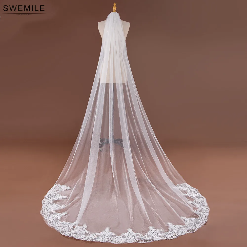 3M One Layer Lace Edge Red White Ivory Cathedral Wedding Veil Long Bridal Veil Veu de Noiva,WHITE,150cm