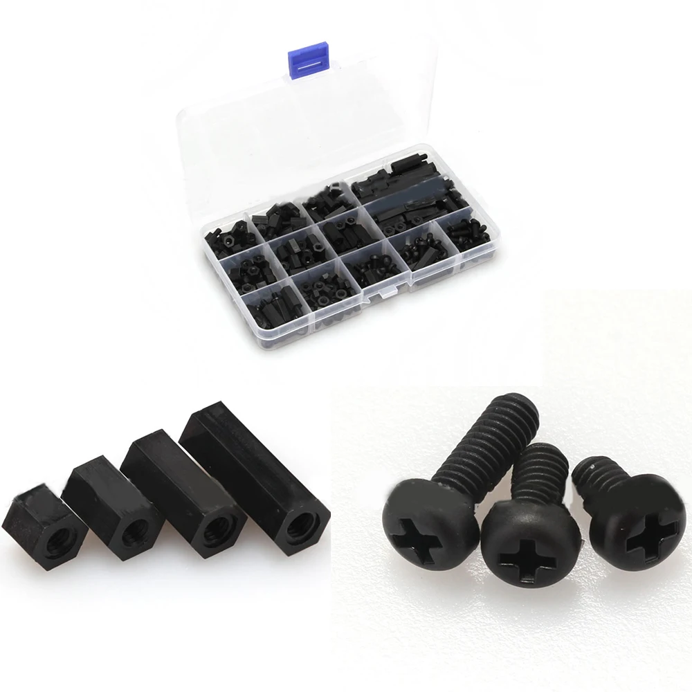 

320PCS Nylon Stud Combination M4 Black Nylon Hex Stud Male-Female Standoff Spacers Screw Nut Kit Box
