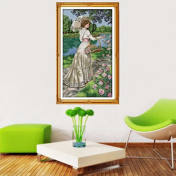 Top Joy Sunday crossstitch Picking flowers girl woman DMC14CT11CTcottonfabric dininghall hotel painting gift art factory wholesale 3