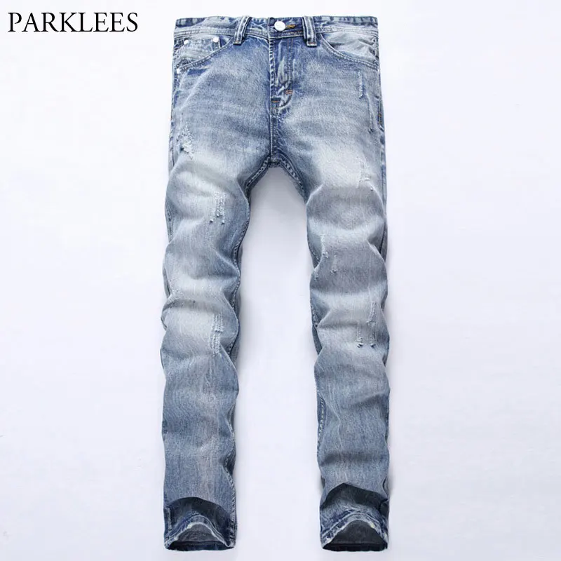 2018 New Fashion Blue Straight Jeans Men Casual Wash Cotton Ripped