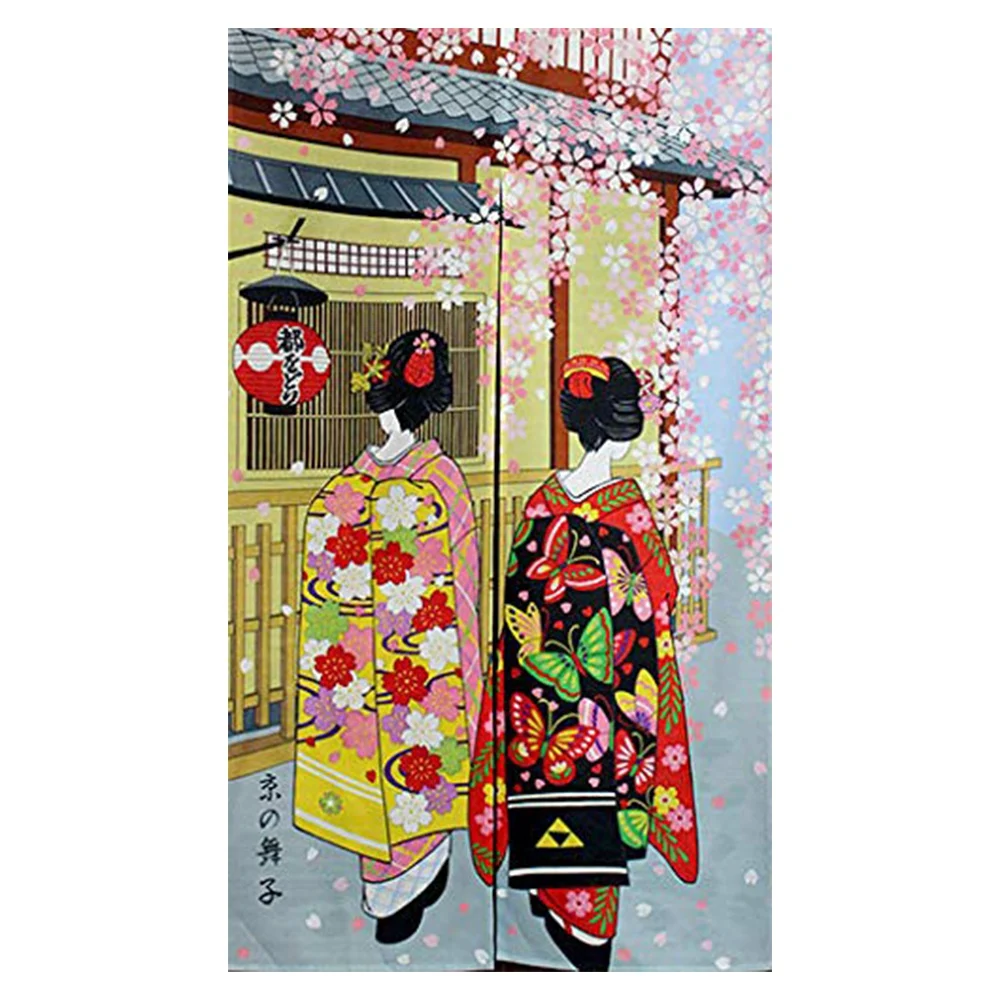 Japanese Style Long Doorway Curtain Kyoto Geisha Girls And Cherry Blossom Window Treatment Tapestry For Home Decoration 33.5 X