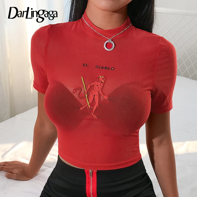 

Darlingaga Fashion red 2019 summer mesh top female t-shirt transparent letter embroidery short sleeve tshirt sexy crop tops tees