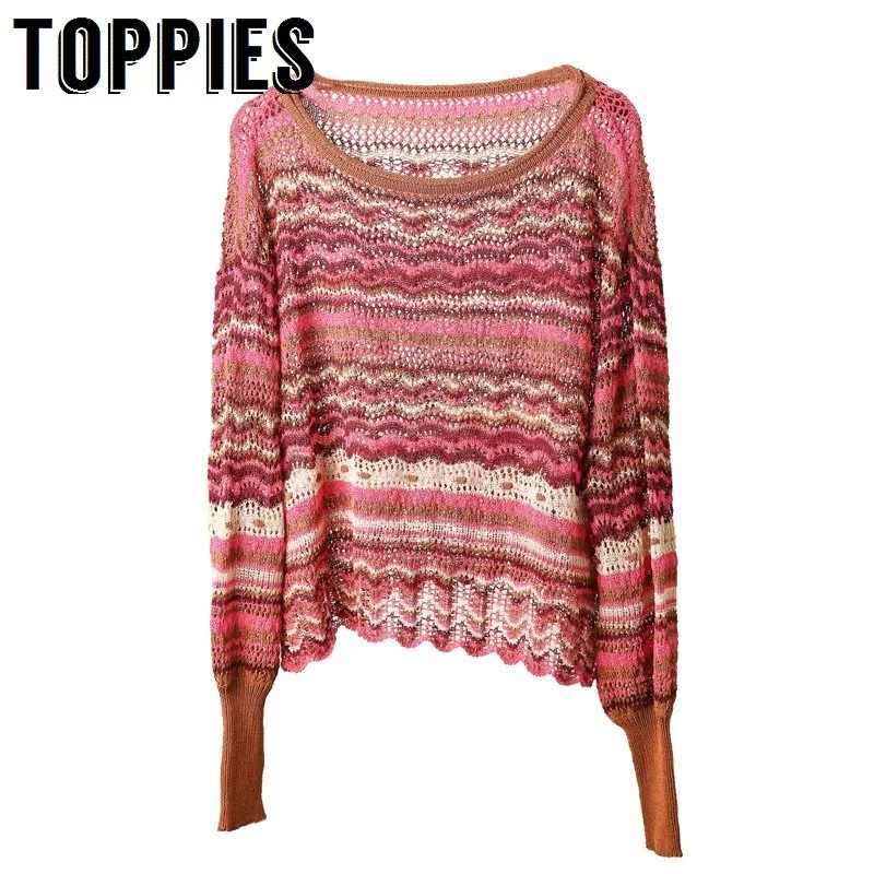 

2019 New Arrival Knitted Striped Sweater Hollow Out Boho Tops Women Long Sleeve Striped Pullover Sweaters