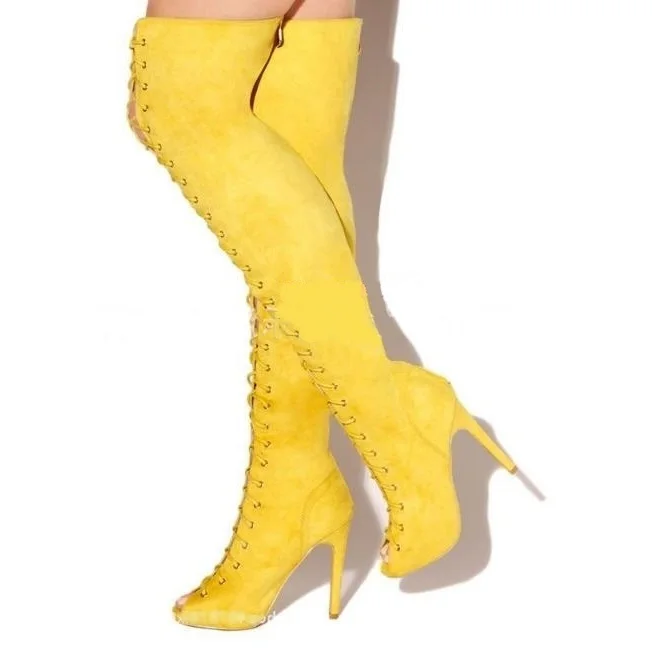 Sexy Yellow Suede Over The Knee Thigh High Boots Peep Toe Lace up 