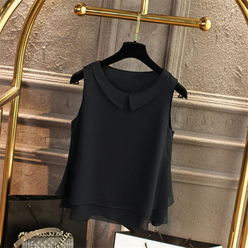 2019 New fashion sleeveless Peter pan Collar shirt For Women Chiffon Blouse  Summer Casual Plus size 5XL Female Tops
