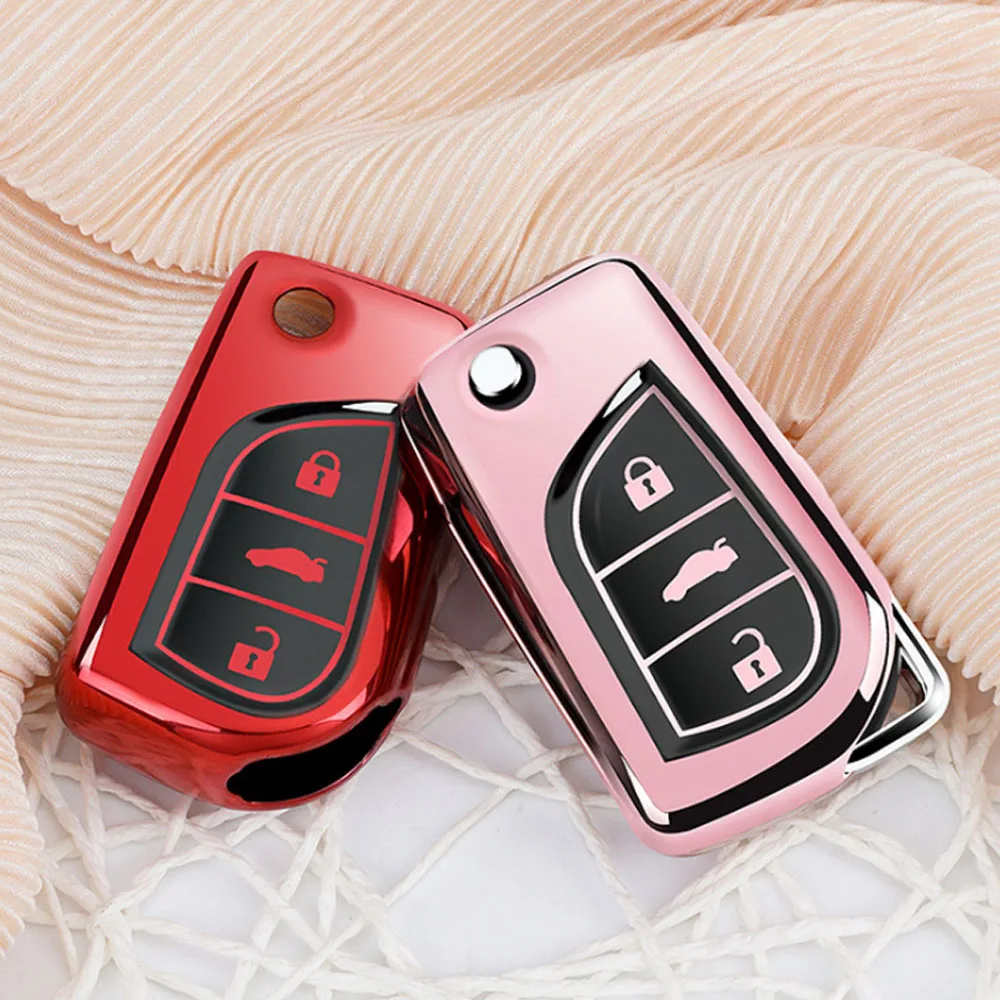 

Soft TPU car key fob cover case shell set holder for Toyota Corolla Prado Fortuner RAV4 folding flip Remote Protect accessories