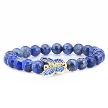 Lapis Natural Stone 8mm Bead Bracelet Butterfly Women Stretch Elastic Bracelet