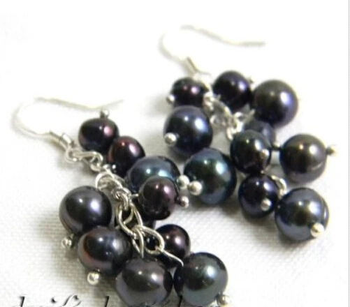

00 FREE SHIPPING d6mm-8mm Black Round Freshwater Pearl Dangle Earring