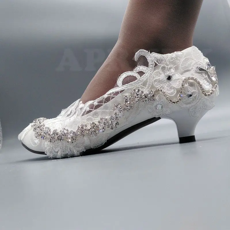 New coming low heel white lace wedding shoe woman luxury bling shinny ...