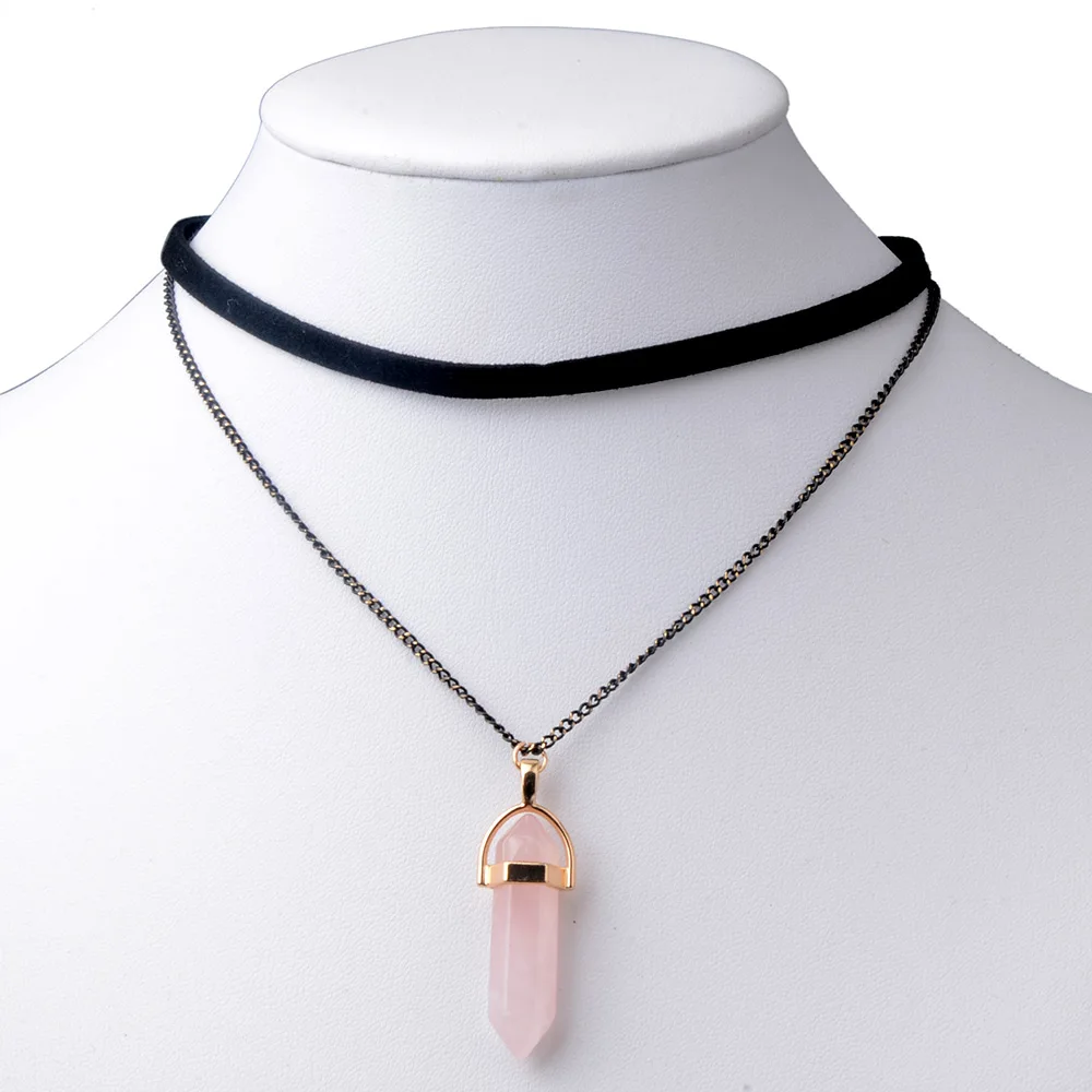 

Double Layers Natural Stone Gold Rose Quartzs Pendant Necklace Velvet Alloy Chain Choker Necklace for Women Party Jewelry