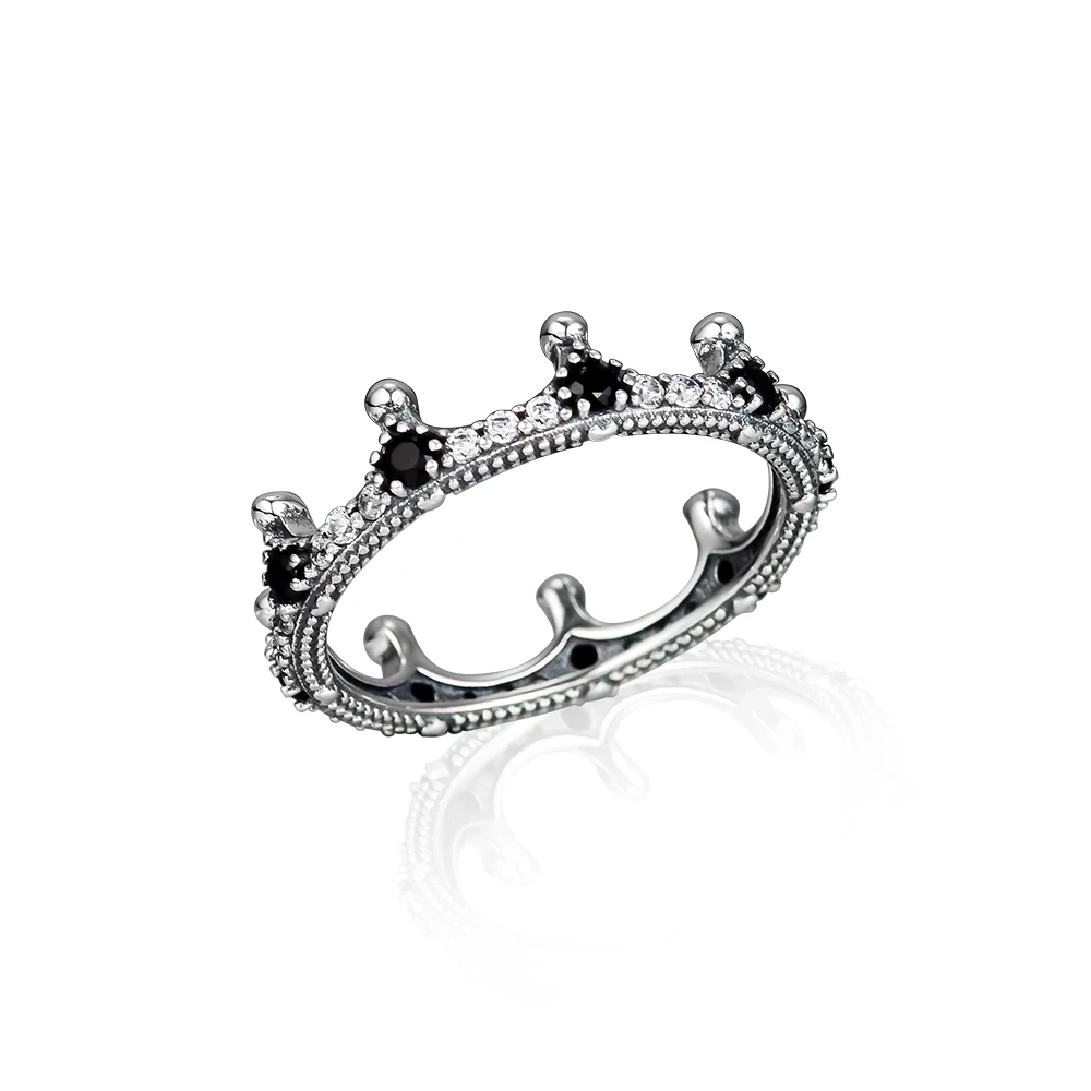 

Delighted Crown Ring 100% 925 Sterling Silver Clear CZ & Black Crystals Original Rings for Women Gift DIY Fashion Jewelry