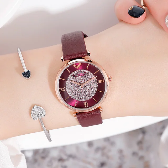 Женские часы Топ бренд женские наручные часы из розового золота для женщин relogio feminino Роскошные Кварцевые часы с бриллиантами и магнитной сеткой - Цвет: leather purple