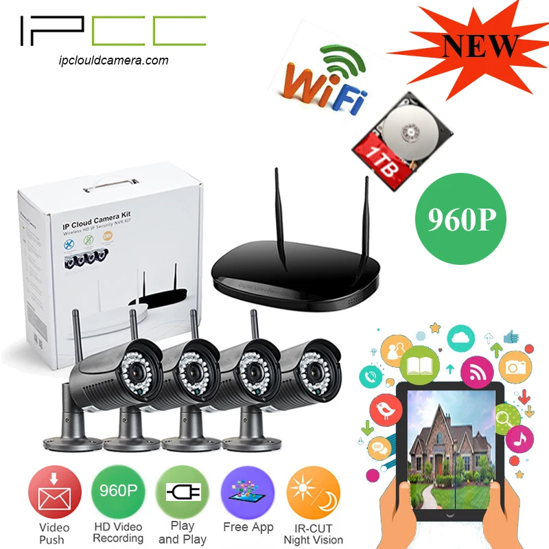 IPCC 4CH CCTV System Wireless 960P NVR 4PCS 1.3MP IR Outdoor P2P Wifi  CCTV Security Camera System Surveillance Kit 1TB HDD