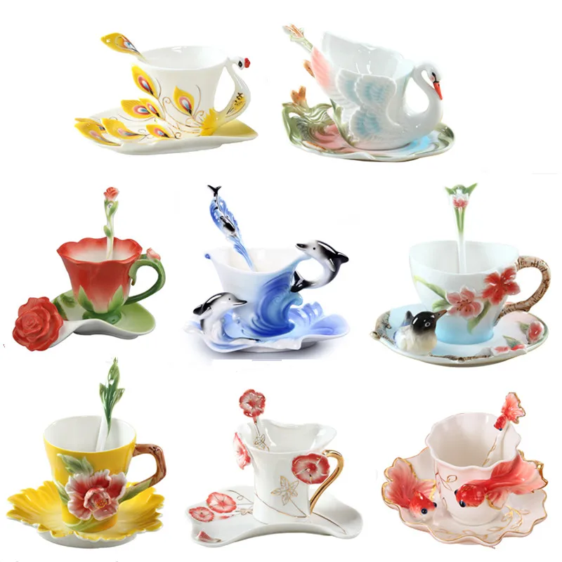 

New Enamel Coffee Mug Porcelain Tea Milk Cup Set Creative Ceramic Drinkware European Bone China Copo