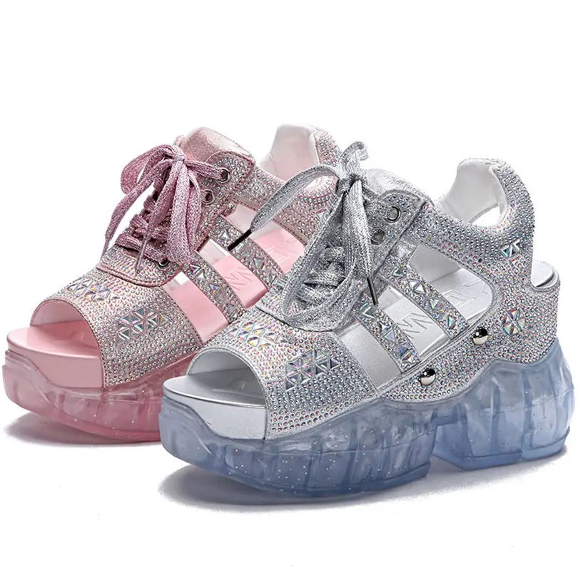 

NAYIDUYUN Women Rhinestone Sport Sandals Platform Wedges Gladiators High Heel Strappy Fashion Summer Sneakers Creepers Shoes