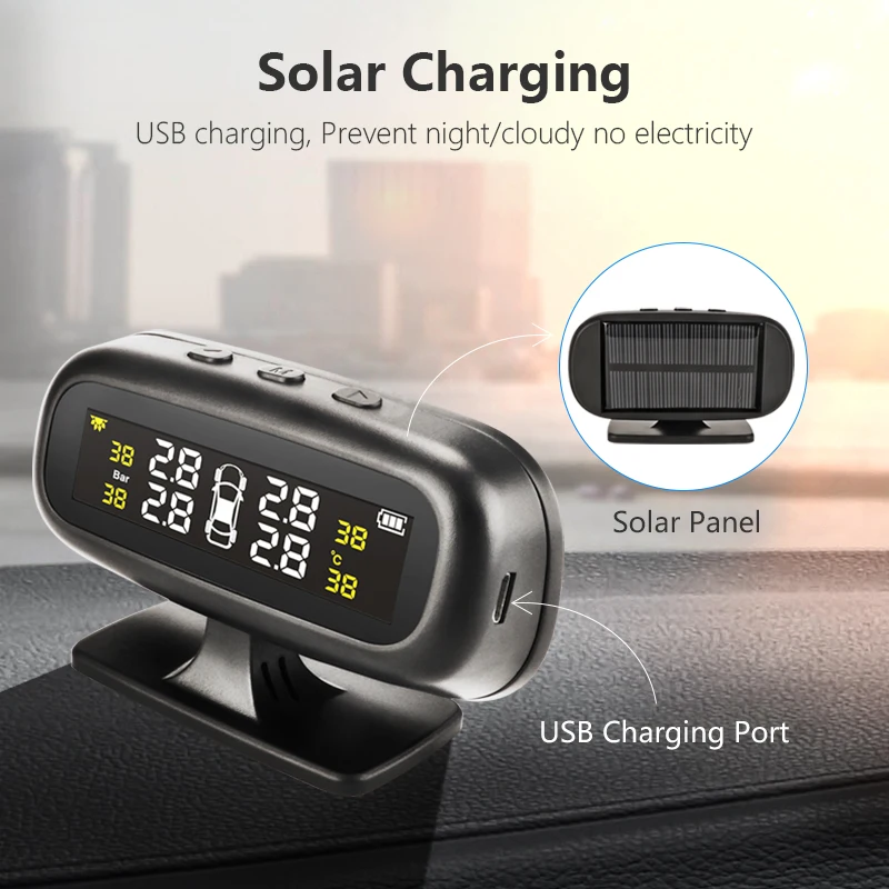 Jansite Solar TPMS Car Tire Pressure Alarm Monitor System Display Intelligent Temperature Warning with 4 sensors BAR LCD Display