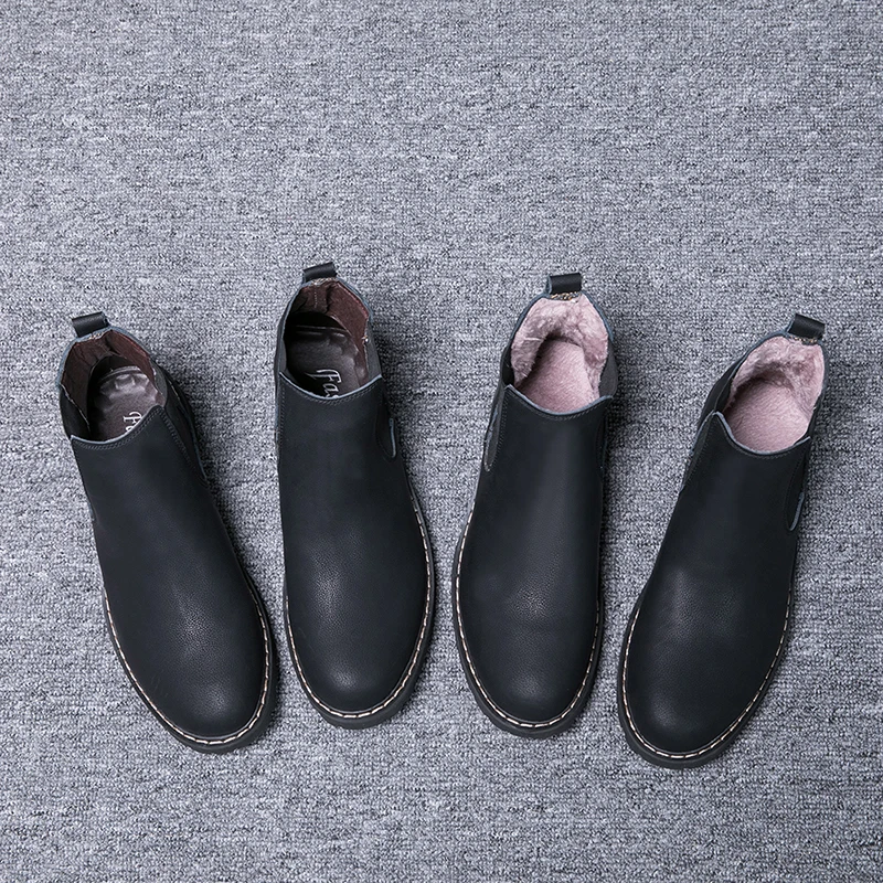 

Size 38-45 Chelsea Boots Men Winter Shoes Black Split Leather Boots Mens Footwear Warm Plush Fur Winter Boots For Men