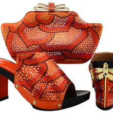 Оранжевый Комплект из обуви и сумки, украшенные Стразы Итальянская обувь с сумки в комплекте, Размер 38–43 из итальянских туфель и сумочки в африканском стиле, вечерние
