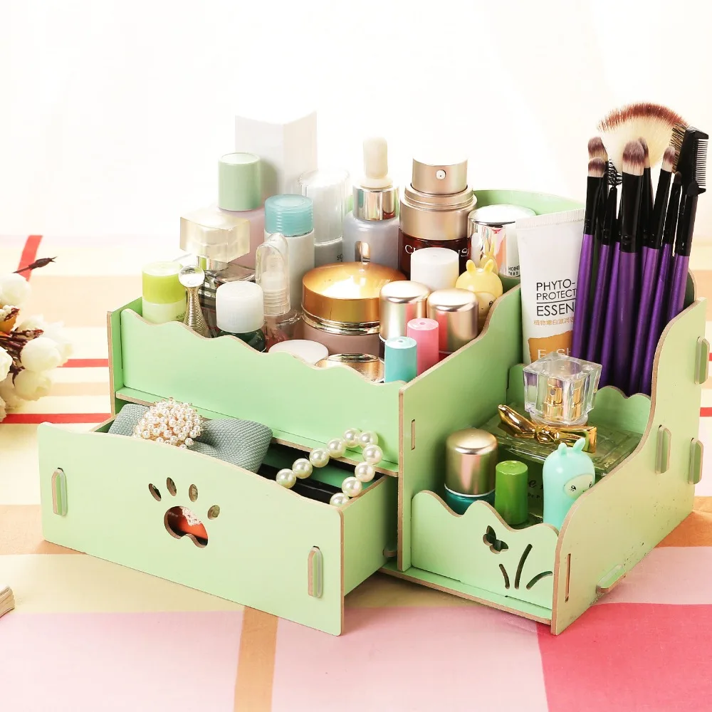 Cute Organizer Wood DIY Desktop Wooden Storage Box To Storage make up