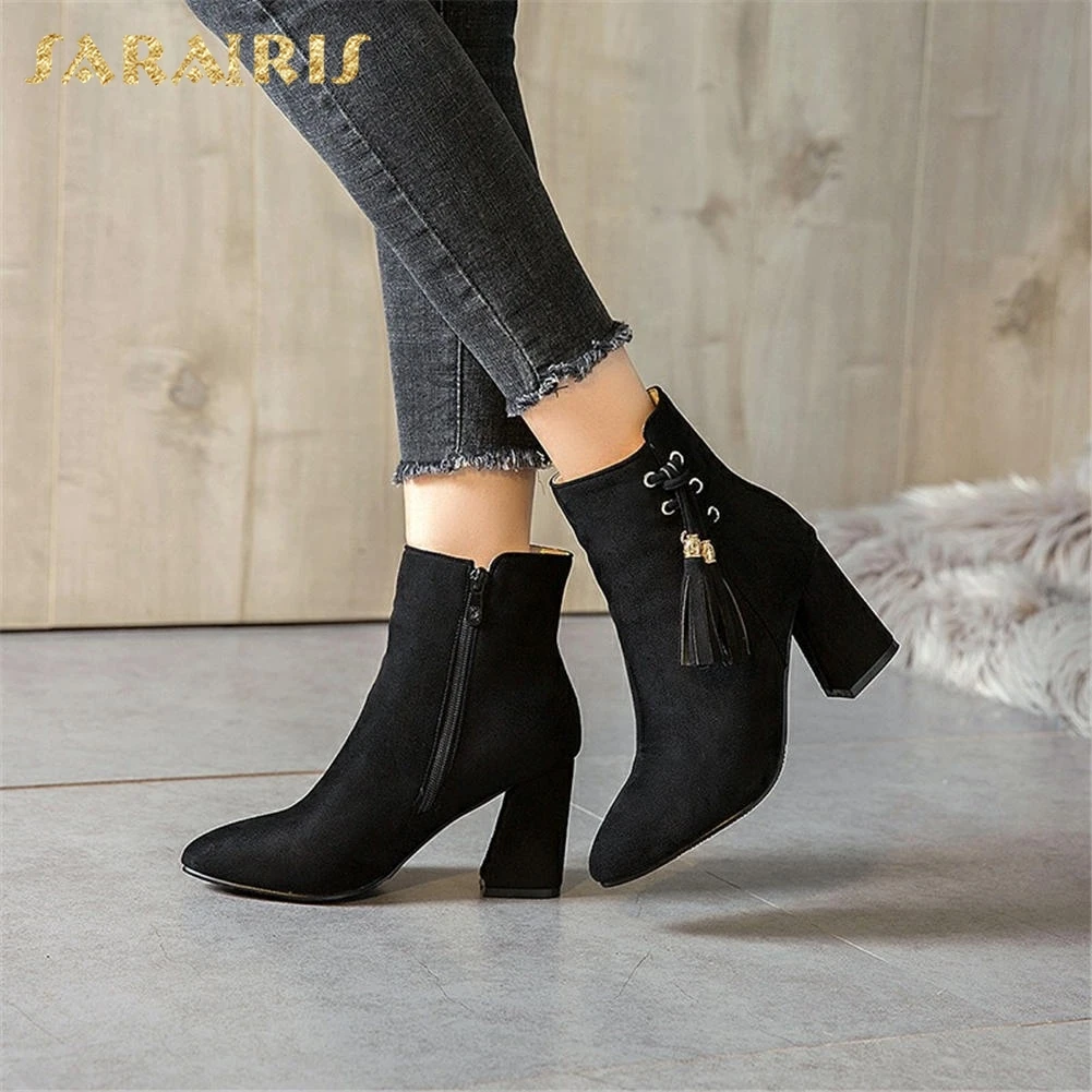 

SARAIRIS Plus Size 34-50 Chunky High Heels Zip Up Wholesale Ankle Boots Woman Shoes Solid Elegant Shoes Woman Boots Female