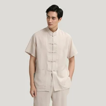 Бежевый Новое поступление летнее китайское Стиль блузка Для мужчин; короткий рукав однотонное хлопковое белье Кунг-Фу рубашка Топ M, L, XL, XXL 3XL wns2708