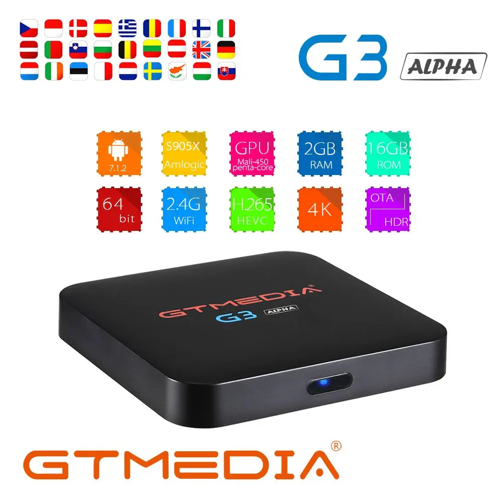 GT медиа G3 ТВ BOX Android 7.1.2 OS Смарт ТВ контейнер под элемент питания 2 Гб оперативной памяти, 16 Гб встроенной памяти, процессор Amlogic S905X 4 ядра 2,4 ГГц Wi Fi Декодер каналов кабельного телевидения компьютерной приставки к телевизору 1 ГБ 8 ГБ pk X96 мини ES