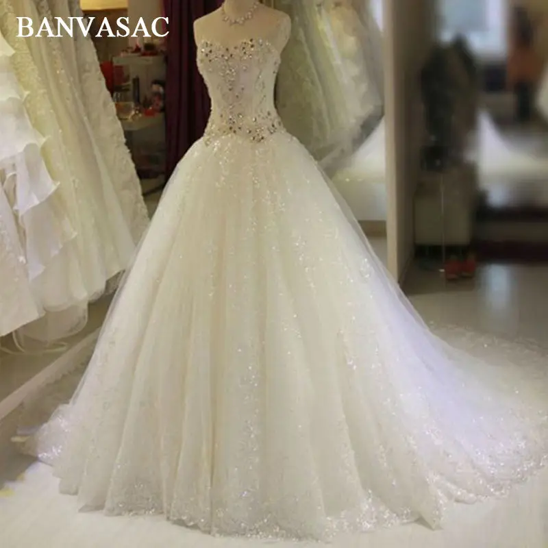 

BANVASAC 2017 New A Line Luxury Crystals Sweetheart Wedding Dresses Sleeveless Satin Elegant Pearls Court Train Bridal Gowns