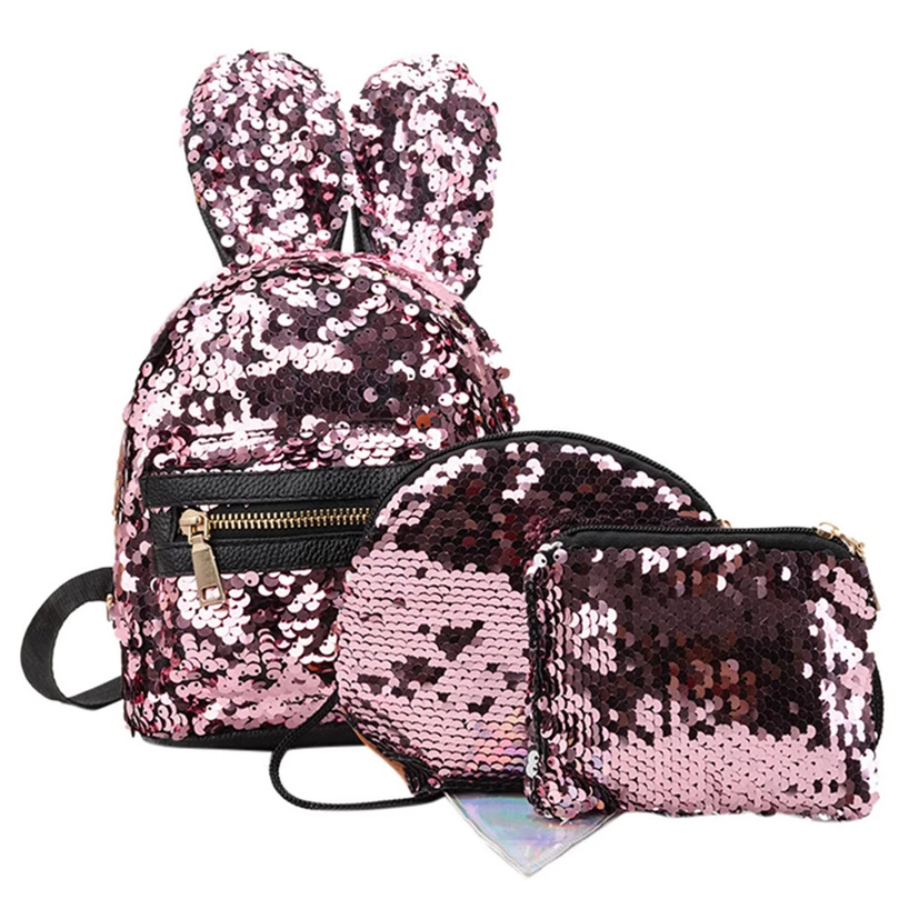 Aelicy 3 шт./компл. женские Модные блестящие Bling рюкзак с кроликом Sequins из искусственной кожи Мини Рюкзак Школьная Сумка