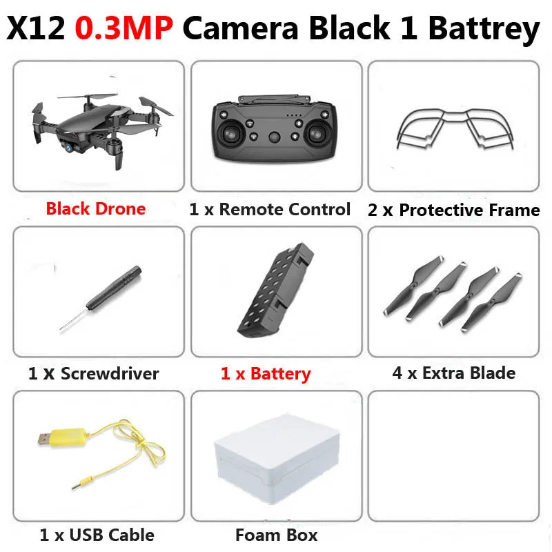 X12 WiFi FPV Mini Foldable Drone Camera 0.3MP 2MP HD Optical Flow Aerial Video Profissional RC Quadcopter Helicopter Toys SG106 - Цвет: 0.3MP Black 1B Foam