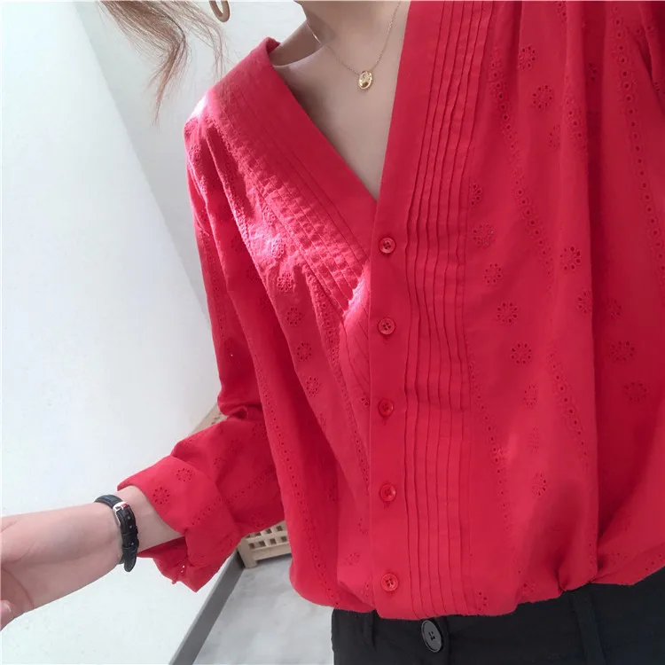 Cena Słodki szydełkowy drążą koronkowy haft dekolt w szpic ukośny plisy koszula szykowna bluzka damska 2019