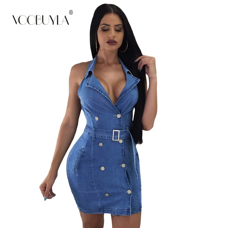 

Voobuyla Women Jeans Dress Buttons Sexy Turn-down Collar Bodycon Mini Denim Dresses Stretchy Sashes Belt Clubwear Fashion Dress