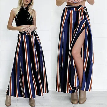 

Fashion Wide Leg Skirts Women High Waist Loose Casual Striped Long Skirts Sexy Hot