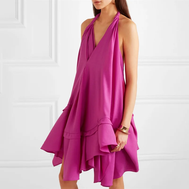 

HIGH QUALITY Newest 2019 Designer Runway Dress Women's Halter Neck Backless Ruffle Mini Dress