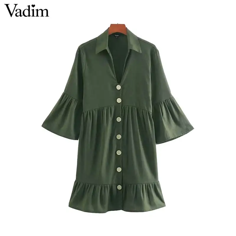 

Vadim women vintage basic mini dress three quarter flare sleeve female casual pleated summer chic dresses vestidos QC533