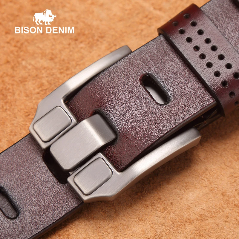 

BISON DENIM Men Belts Vintage Top Genuine Leather Belt For Mens Cowhide Belts With Buckle Black Brown Coffee W71018