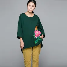 New2017Autumn Для женщин в китайском стиле пион ручная роспись нерегулярные длинная футболка Большие Размеры свободный крой чистый хлопковые футболкикоттоновые футболки Большие размеры XXXXL