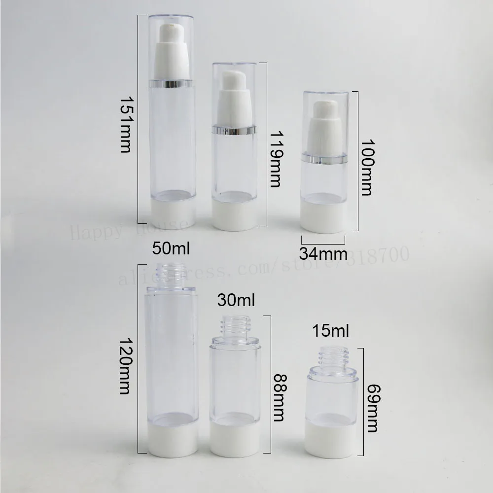 24 x 15ml 30ml 50ml Clear Plastic Airless White Pump Bottle with silver edged lid Refillable 2