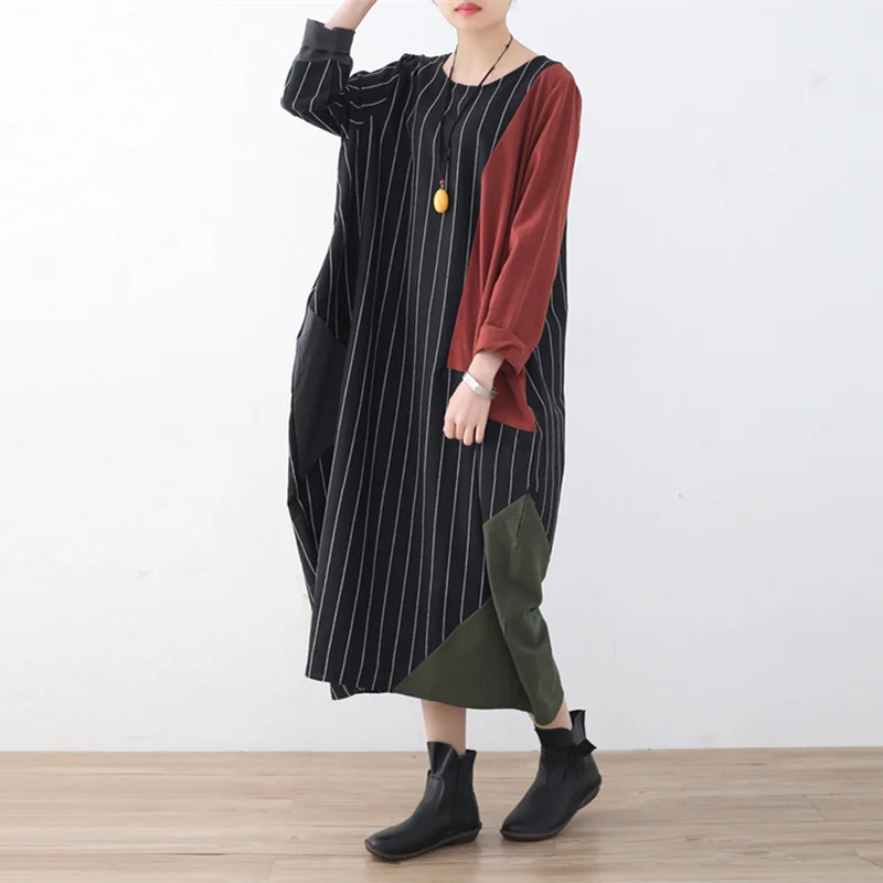 Johnature Women Large Size Long Dresses New 2020 Spring Casual Patchwork Striped O-Neck Loose Waist Sleeve | Женская одежда