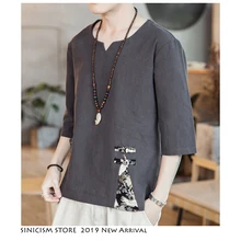 Магазин Sinicism Мужская Новая футболка в китайском стиле с v-образным вырезом мужская летняя забавная хлопковая льняная Футболка мужская повседневная модная футболка