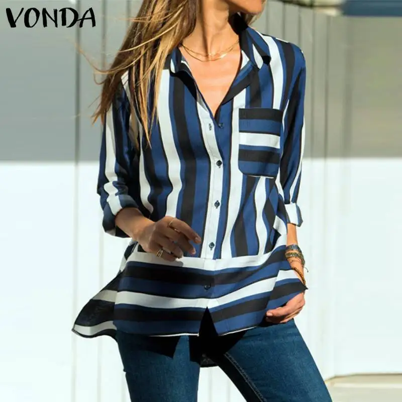 

VONDA Plus Siz Blouse Women 2019 Autumn Sexy Turn-down Collar Long Sleeve Tops Elegant Ladies Striped Shirt Casual Loose Blusas