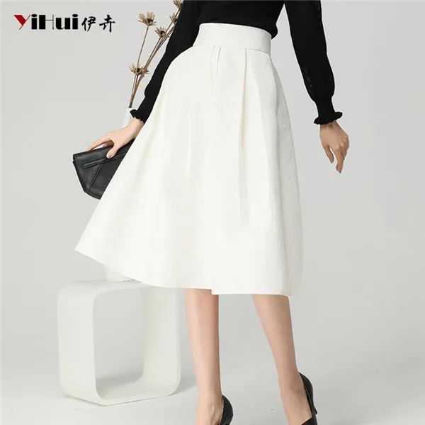 Женская белая плиссированная Осенняя юбка с цветочной вышивкой, высокая талия, трапециевидная юбка миди с карманами размера плюс 4XL, элегантные офисные юбки - Цвет: White