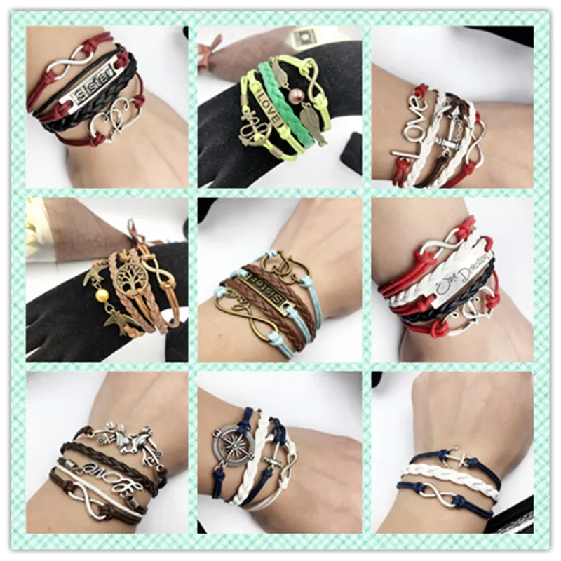 

Vintage Leaf Feather Multilayer Leather Bracelet Men Fashion Braided Handmade Heart Angel Wings Bracelets & Bangles Woman Gift