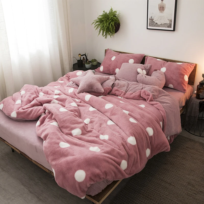 Pale Mauve Speckle Stripe Printing Soft Fleece Fabric Bedding Set